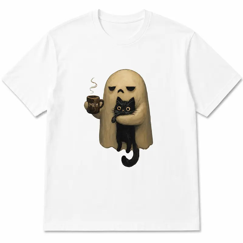 Spooky Ghost Holding Black Cat – Tee, Crewneck & Hoodie