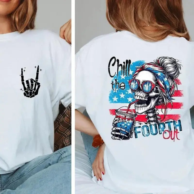 Chill The Fourth Out Patriotic Skeleton – Tee, Crewneck & Hoodie