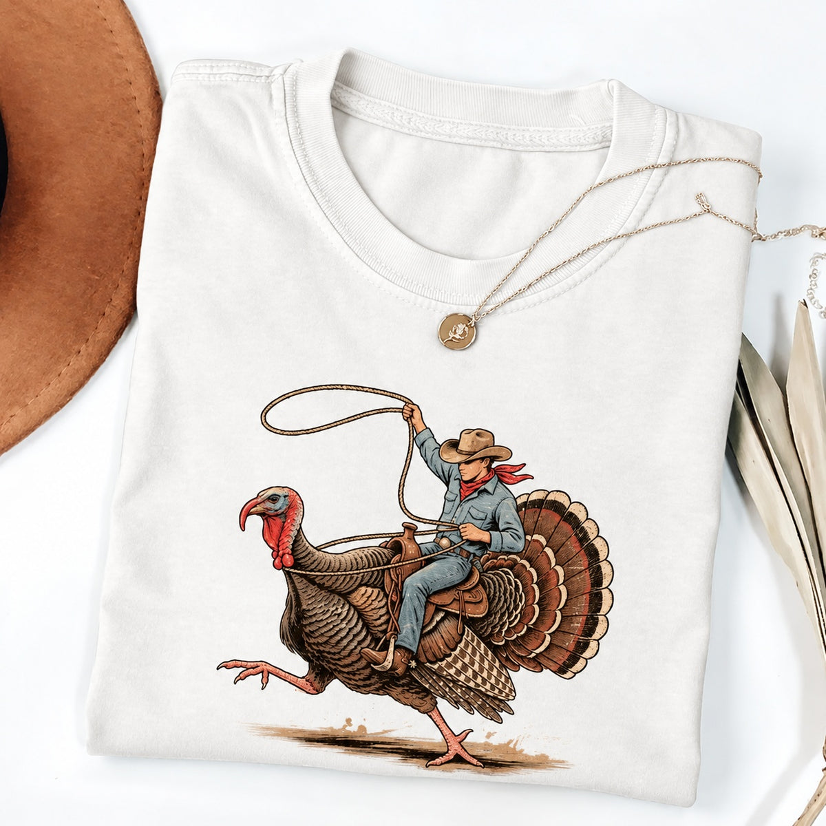 Cowboy Turkey Funny Thanksgiving Rodeo Graphic – Tee, Crewneck & Hoodie