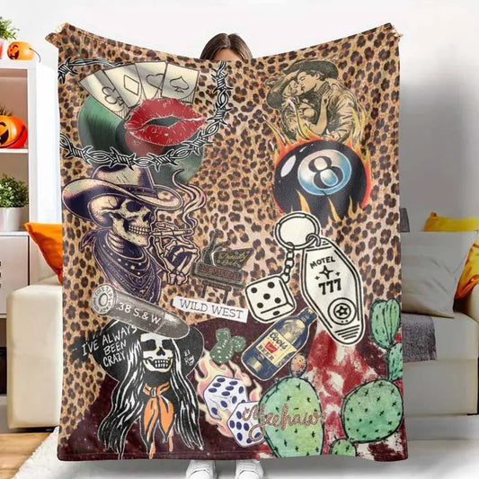 Vintage Western Cowboy Skull and Leopard Print Flannel Blanket