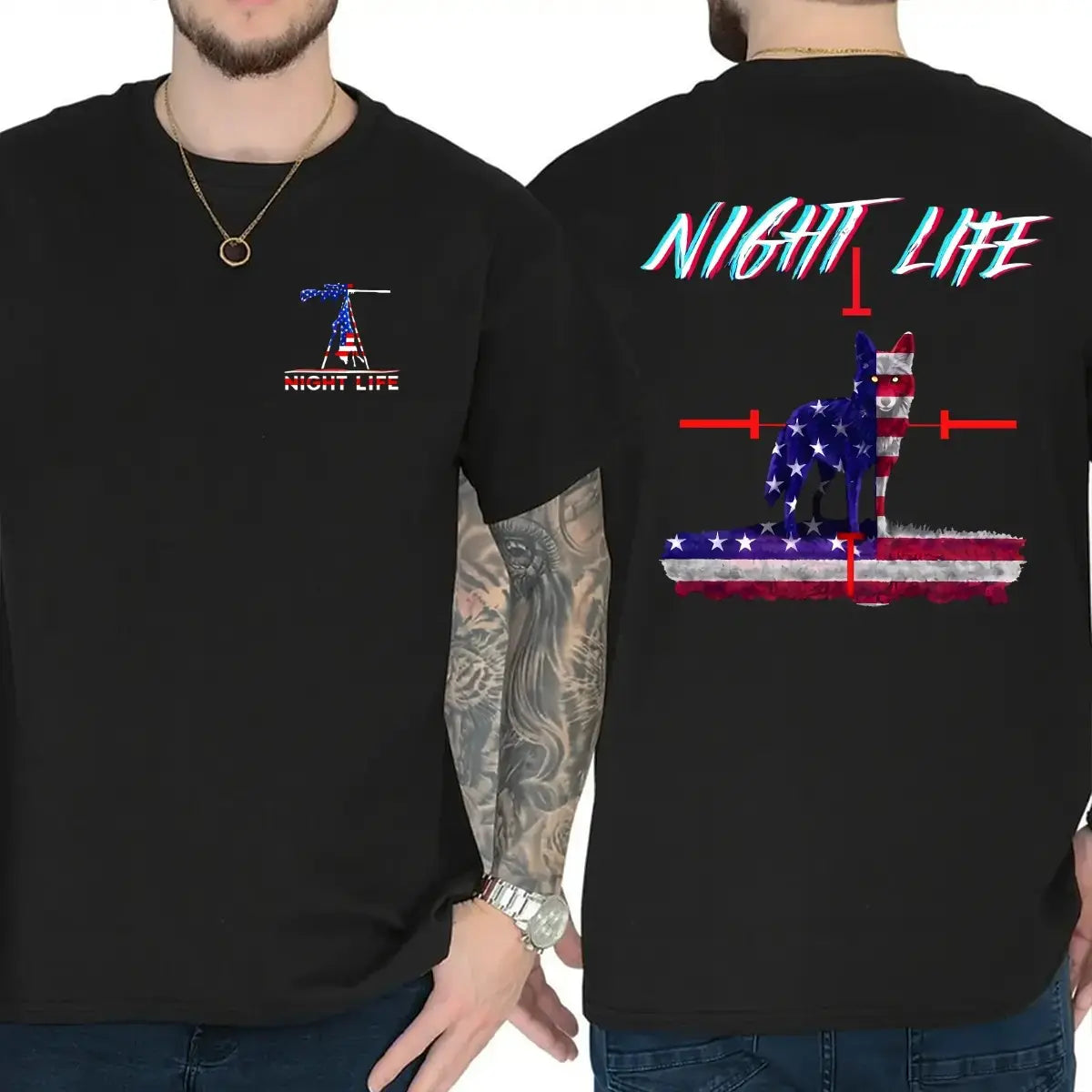 Night Life Wolf USA Flag Graphic – Tee, Crewneck & Hoodie