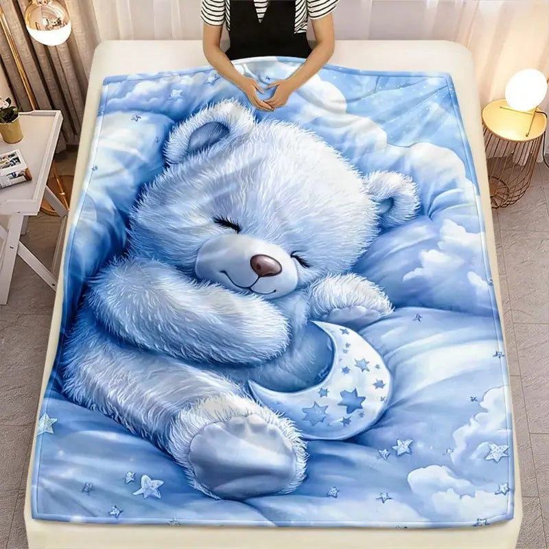 Cute Sleeping Blue Teddy Bear Moon and Stars Flannel Blanket