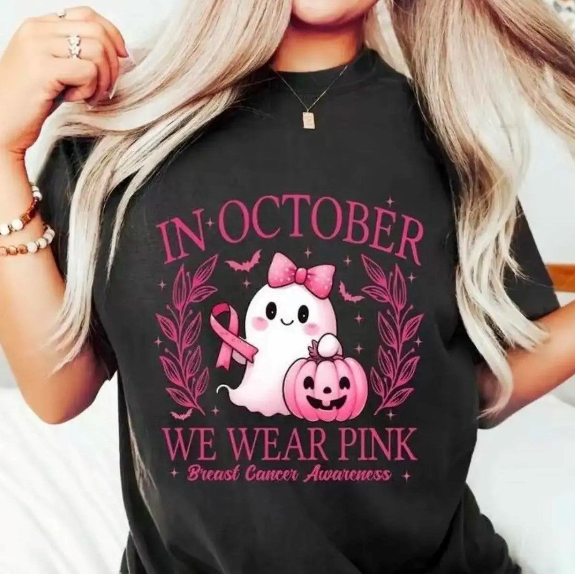 In October We Wear Pink Halloween Pink Ghost – Tee, Crewneck & Hoodie