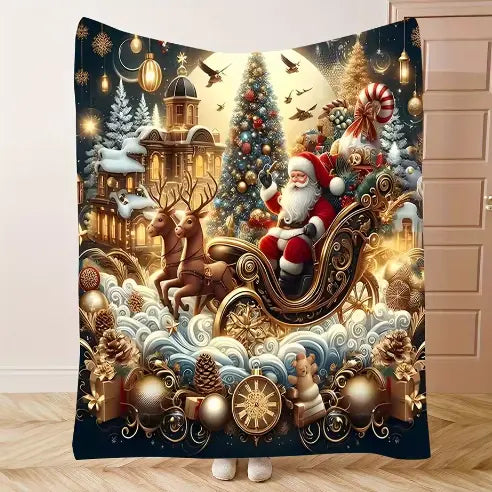 Santa Claus Reindeer Sleigh Christmas Tree Elements Flannel Blanket