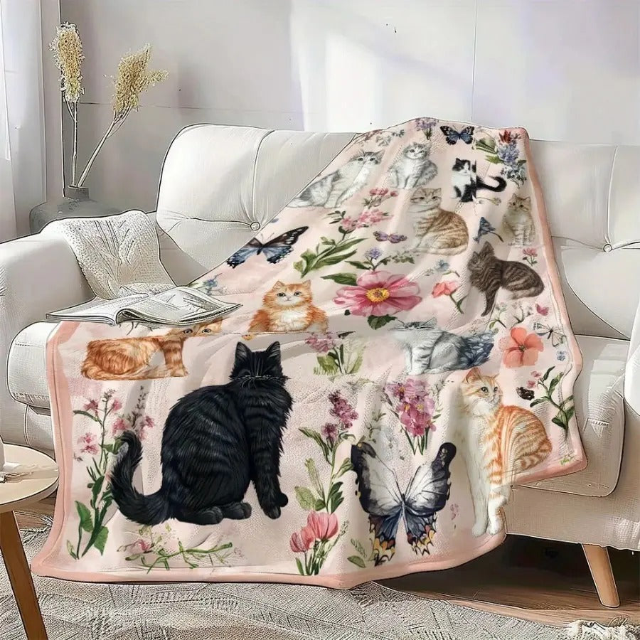 Cute Cat Floral Butterfly Flannel Blanket