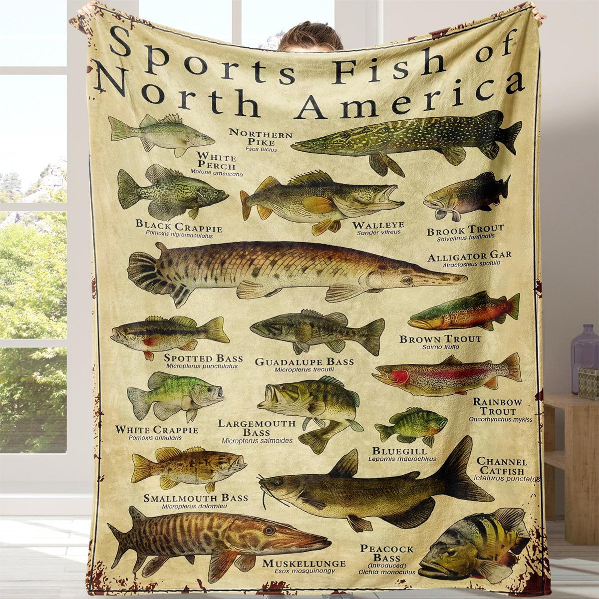 Vintage North American Sport Fish Chart Flannel Blanket