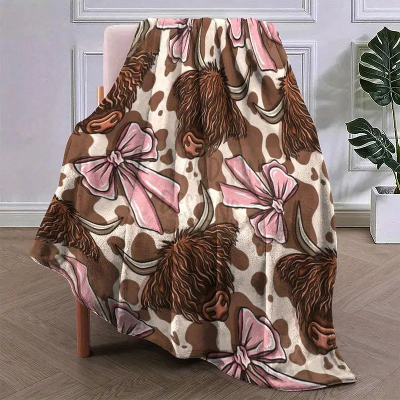 Highland Cow and Pink Bow Tie Flannel Blanket