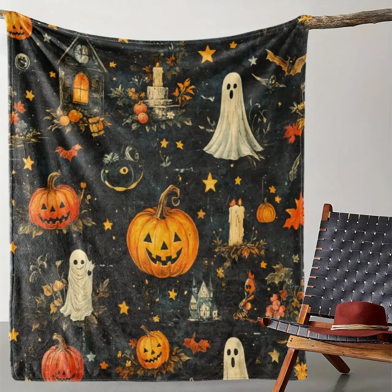 Vintage Halloween Pumpkin Ghost Flannel Blanket