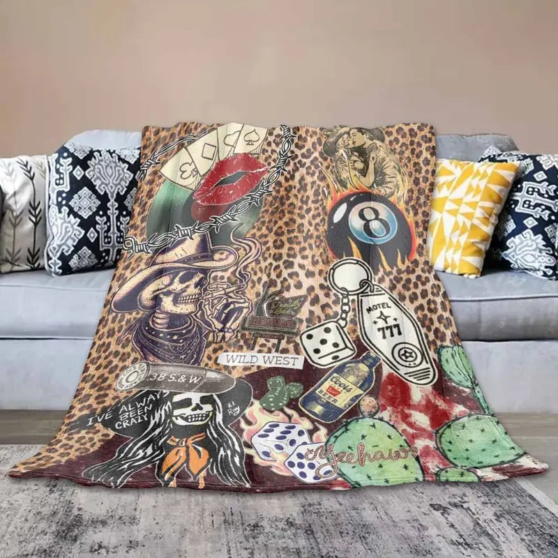 Vintage Western Cowboy Skull and Leopard Print Flannel Blanket