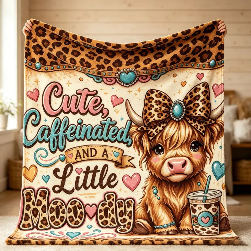 Cute Caffeinated and Moody Highland Cow Flannel Blanket
