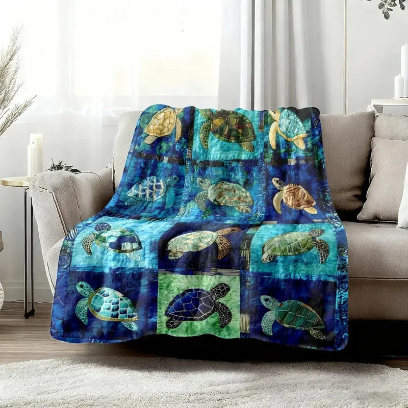 Sea Turtle Ocean Mosaic Patchwork Flannel Blanket
