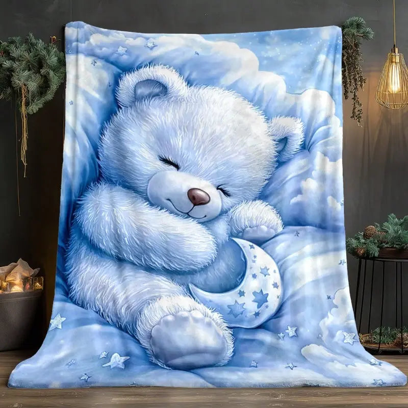 Cute Sleeping Blue Teddy Bear Moon and Stars Flannel Blanket