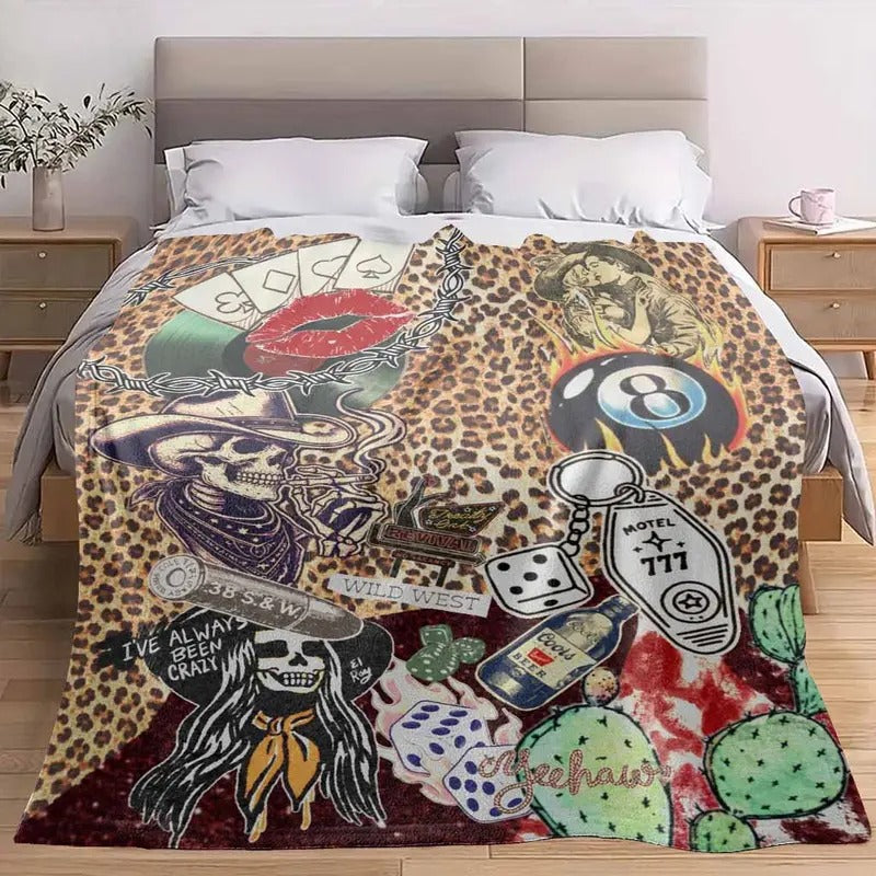 Vintage Western Cowboy Skull and Leopard Print Flannel Blanket