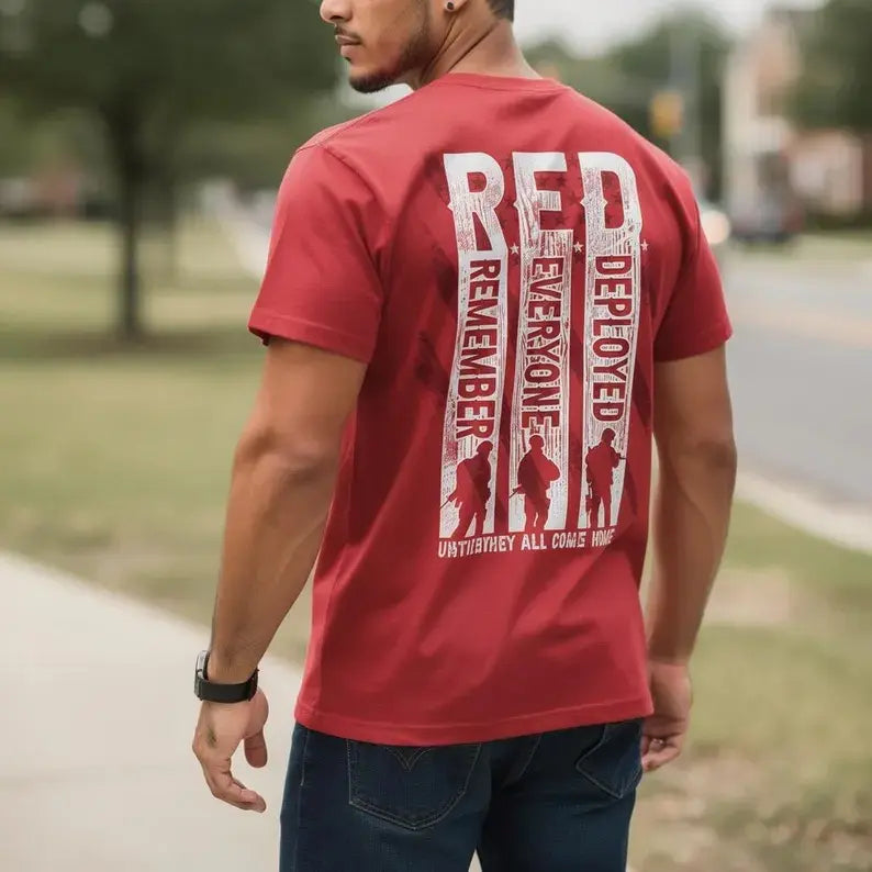 Remember Everyone Deployed Distressed Soldier Silhouette Graphic – Tee, Crewneck & Hoodie