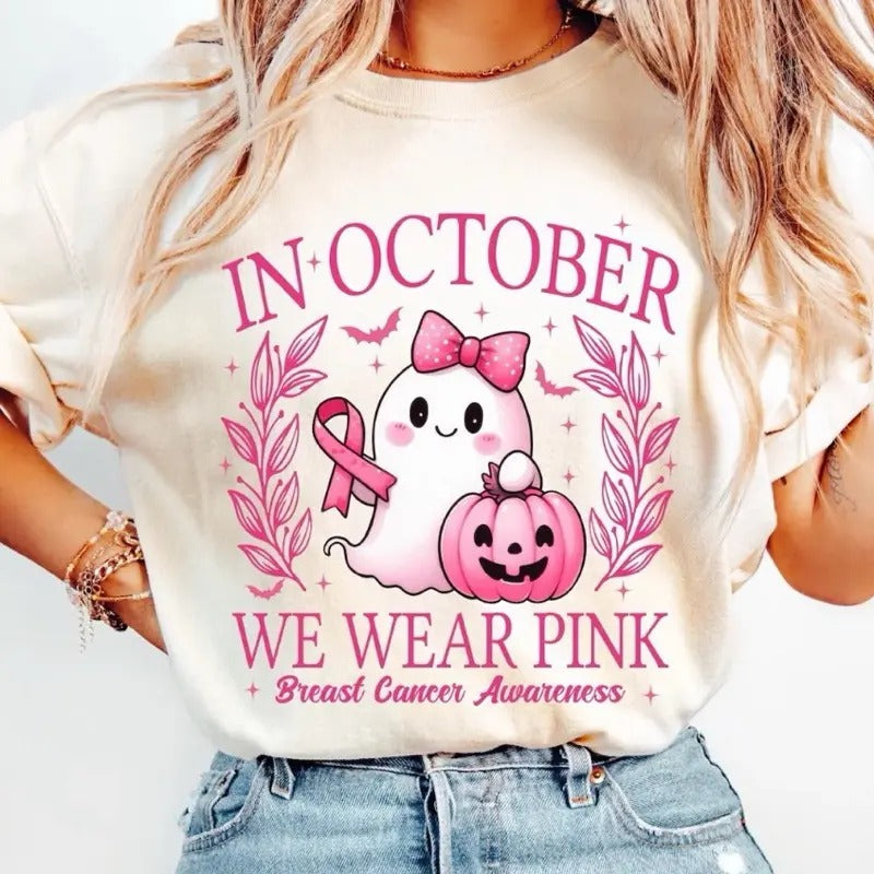 In October We Wear Pink Halloween Pink Ghost – Tee, Crewneck & Hoodie