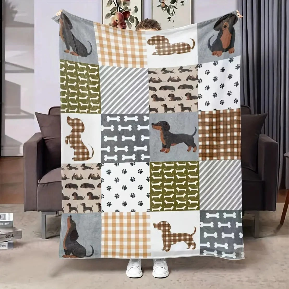 Dachshund Patchwork Plaid Paw Bone Flannel Blanket