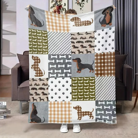 Dachshund Patchwork Plaid Paw Bone Flannel Blanket