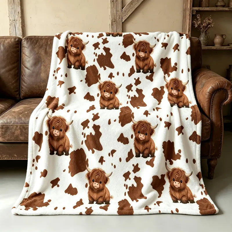 Cute Highland Cow Brown Cow Print Flannel Blanket