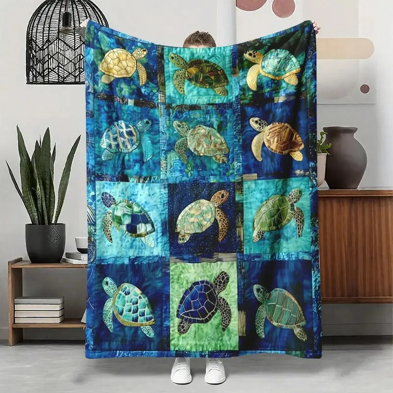 Sea Turtle Ocean Mosaic Patchwork Flannel Blanket