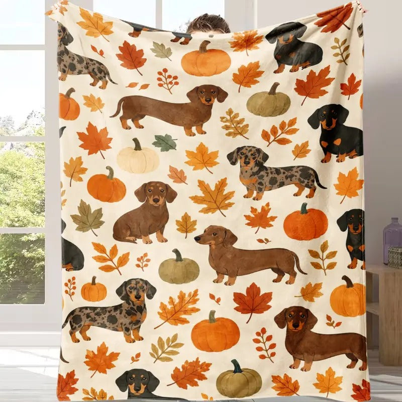 Dachshund Pumpkin Fall Leaves Flannel Blanket