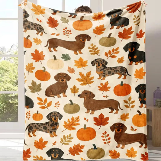Dachshund Pumpkin Fall Leaves Flannel Blanket