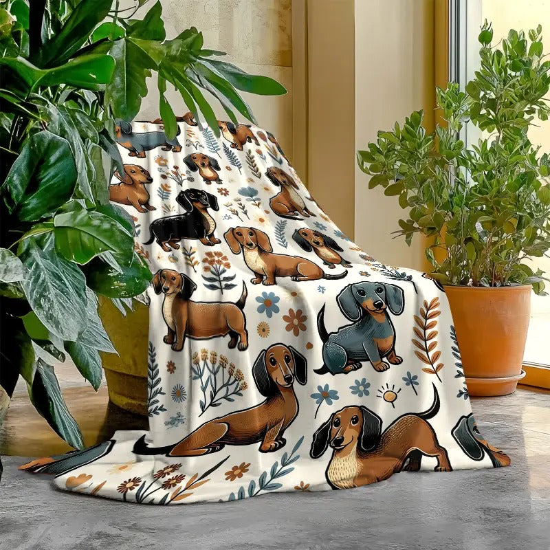 Cute Dachshund Floral Garden Dog Flannel Blanket