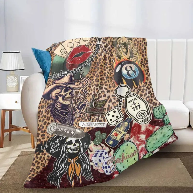 Vintage Western Cowboy Skull and Leopard Print Flannel Blanket