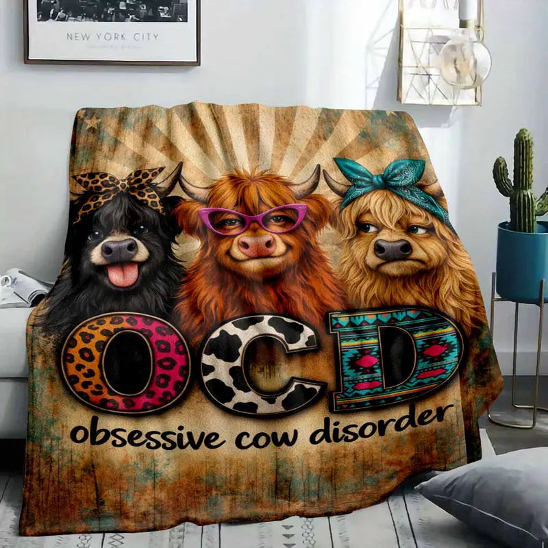 Funny OCD Highland Cow Western Style Flannel Blanket