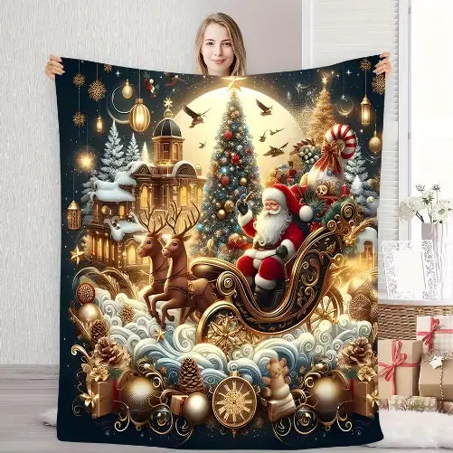 Santa Claus Reindeer Sleigh Christmas Tree Elements Flannel Blanket