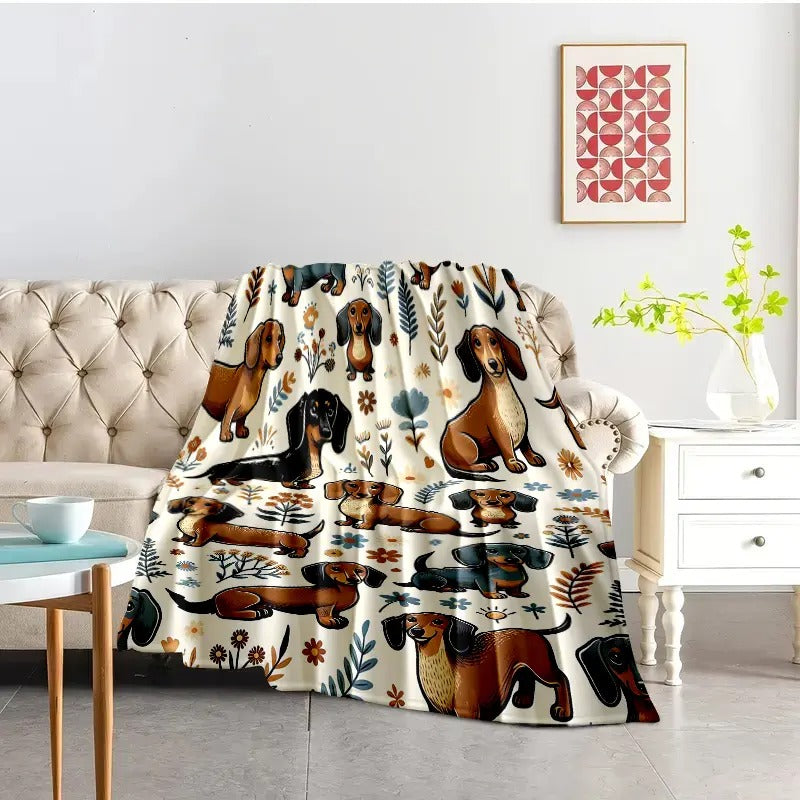 Cute Dachshund Floral Garden Dog Flannel Blanket