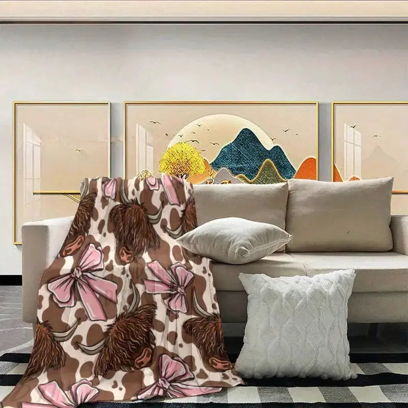 Highland Cow and Pink Bow Tie Flannel Blanket