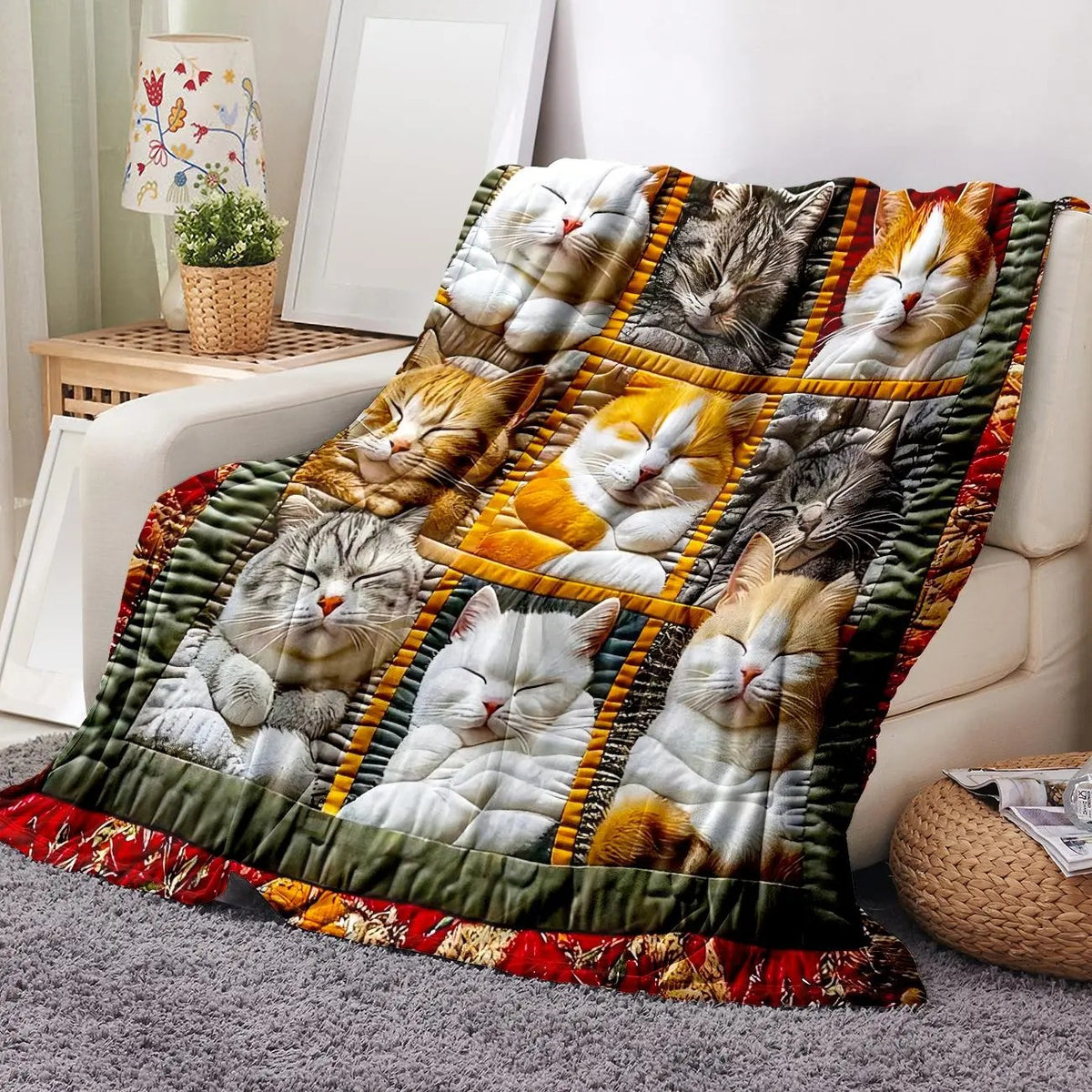 Cozy Sleeping Cats Patchwork Flannel Blanket