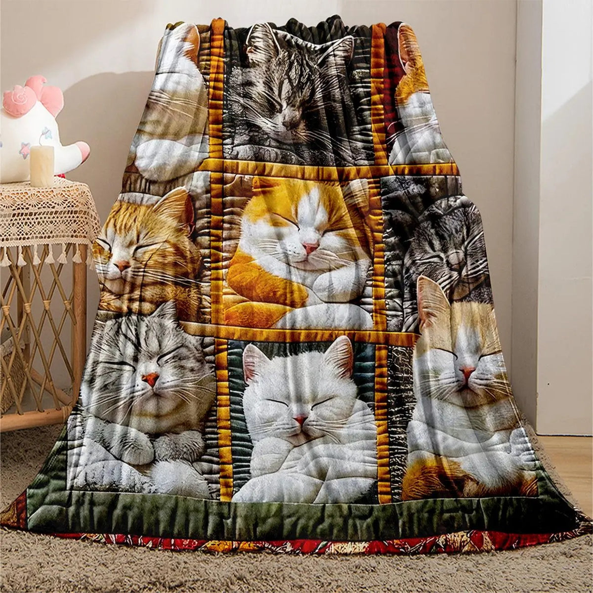 Cozy Sleeping Cats Patchwork Flannel Blanket