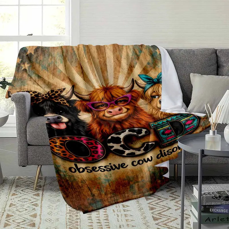 Funny OCD Highland Cow Western Style Flannel Blanket