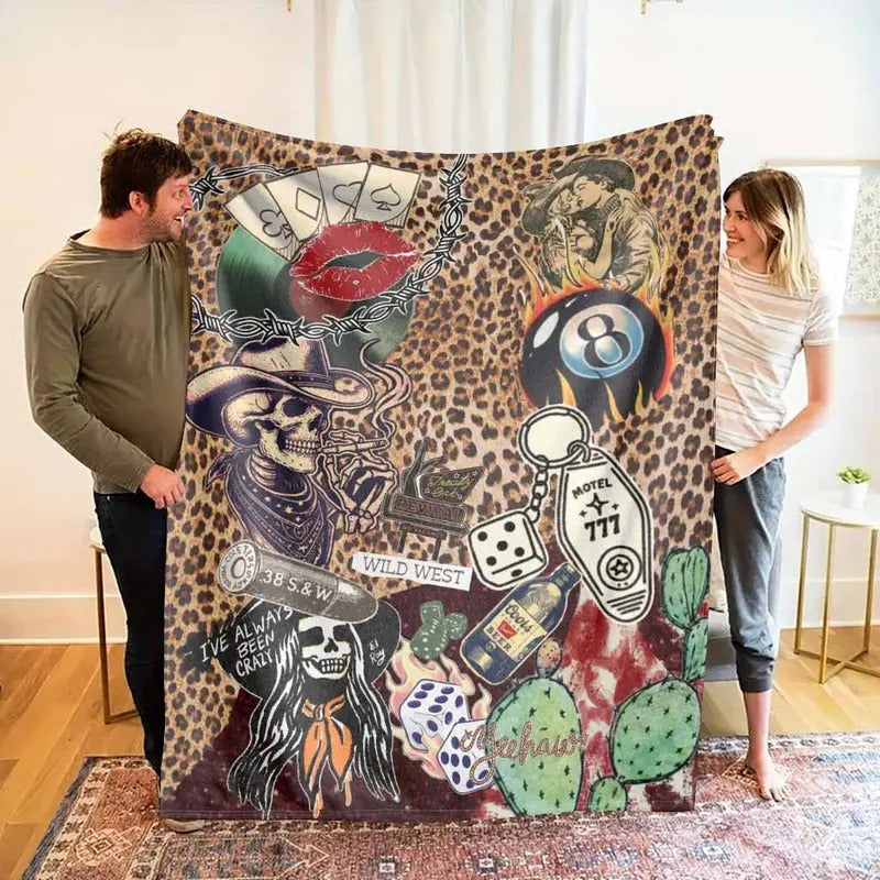 Vintage Western Cowboy Skull and Leopard Print Flannel Blanket