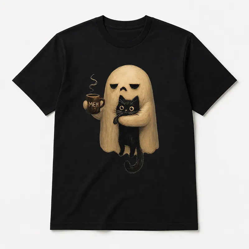 Spooky Ghost Holding Black Cat – Tee, Crewneck & Hoodie