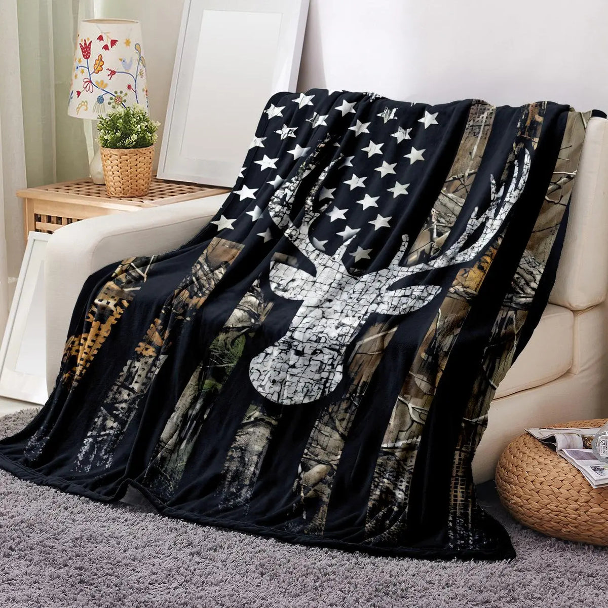Distressed American Flag Deer Hunting Camo Flannel Blanket