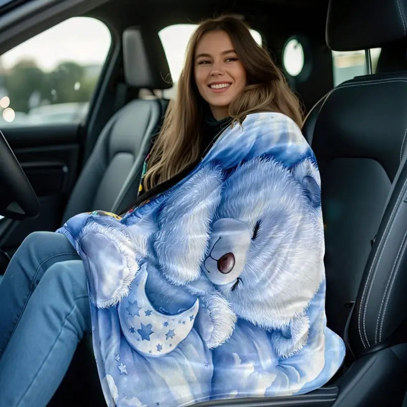 Cute Sleeping Blue Teddy Bear Moon and Stars Flannel Blanket