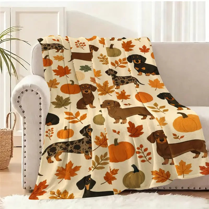 Dachshund Pumpkin Fall Leaves Flannel Blanket