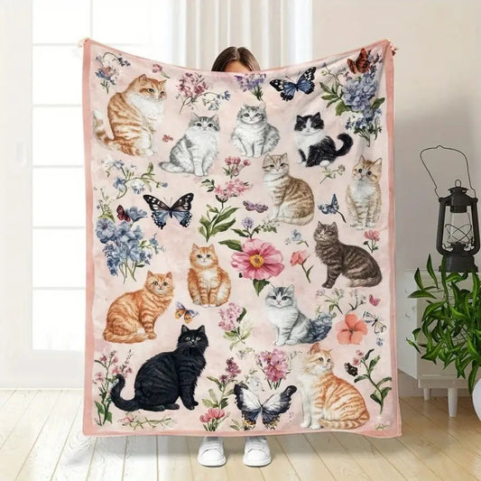 Cute Cat Floral Butterfly Flannel Blanket