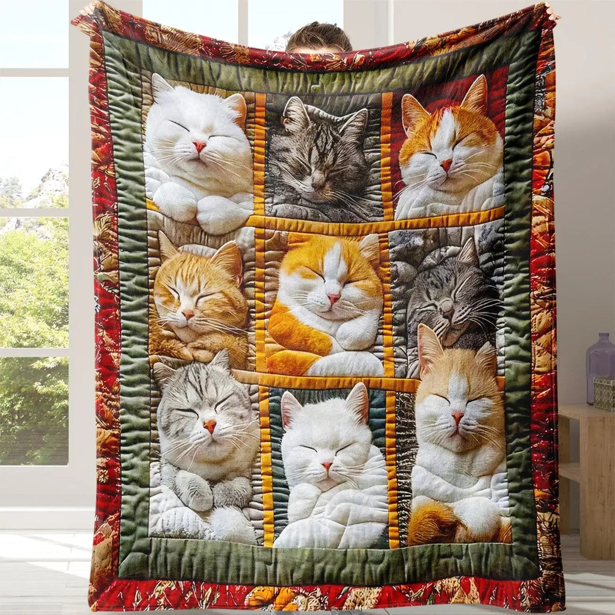 Cozy Sleeping Cats Patchwork Flannel Blanket