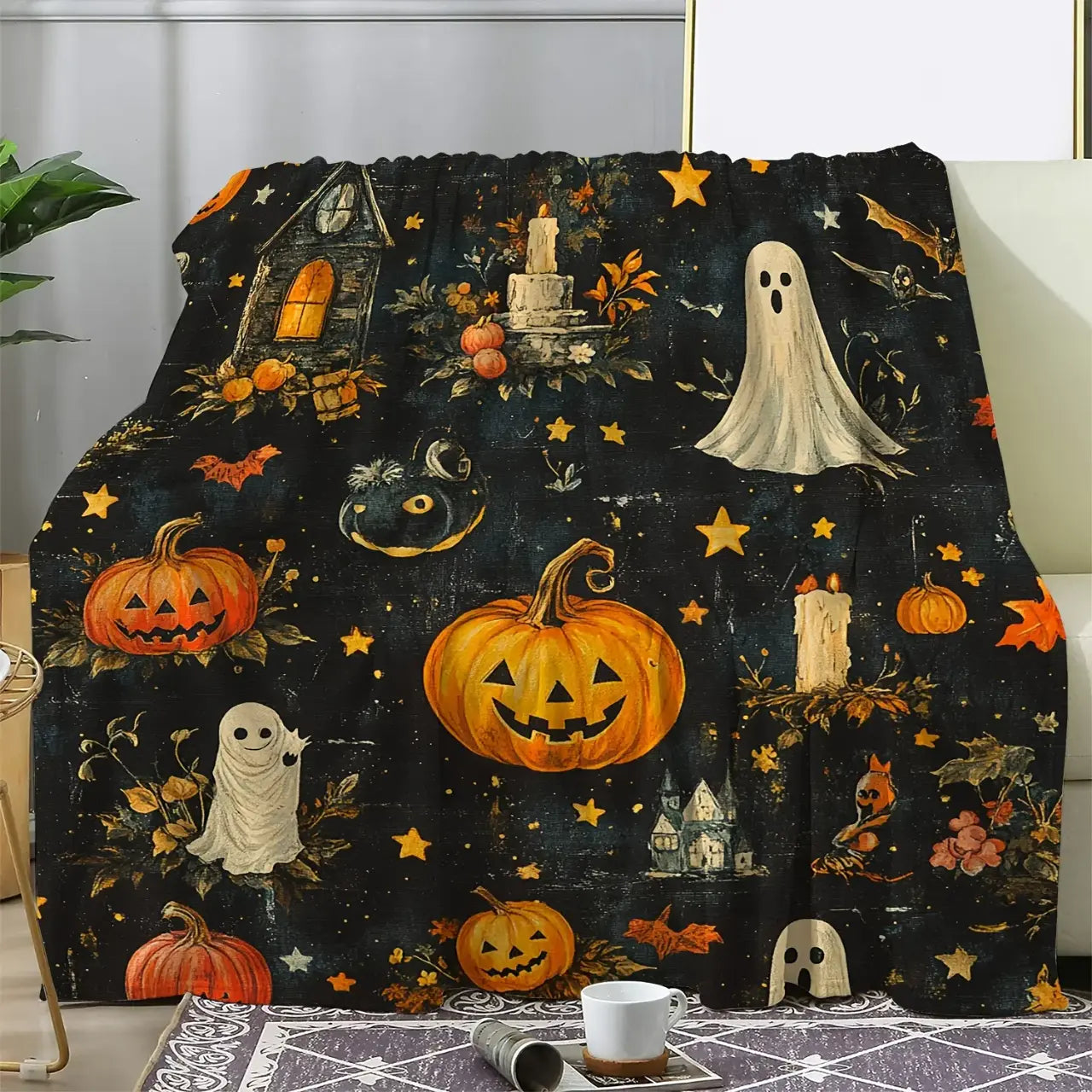 Vintage Halloween Pumpkin Ghost Flannel Blanket