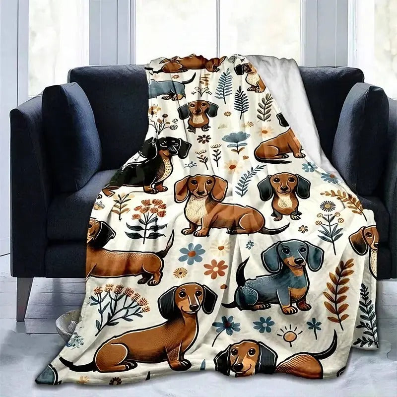 Cute Dachshund Floral Garden Dog Flannel Blanket