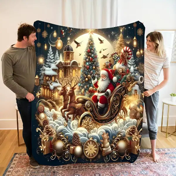 Santa Claus Reindeer Sleigh Christmas Tree Elements Flannel Blanket