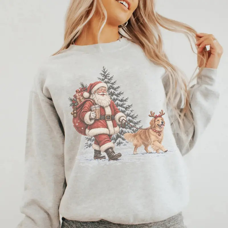 Santa Walking Dog Christmas 40+ Breeds Available – Tee, Crewneck & Hoodie