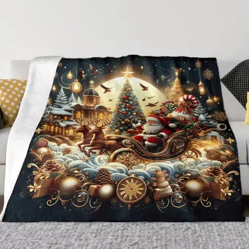Santa Claus Reindeer Sleigh Christmas Tree Elements Flannel Blanket