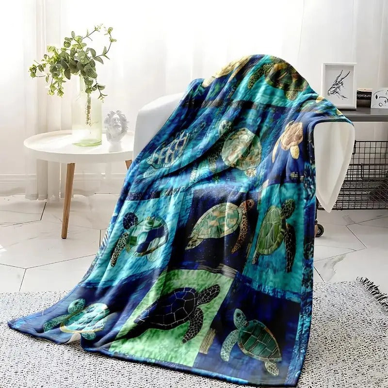 Sea Turtle Ocean Mosaic Patchwork Flannel Blanket