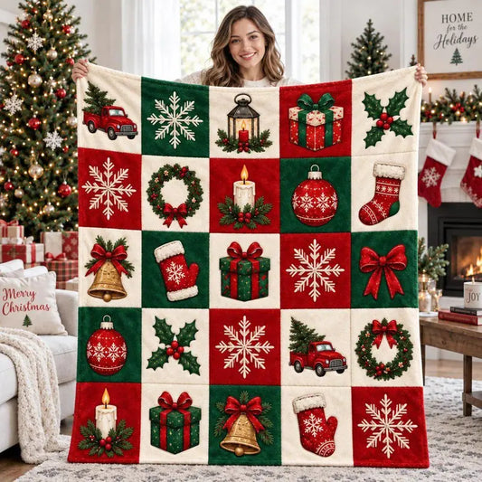 Vintage Christmas Holiday Patchwork Flannel Blanket