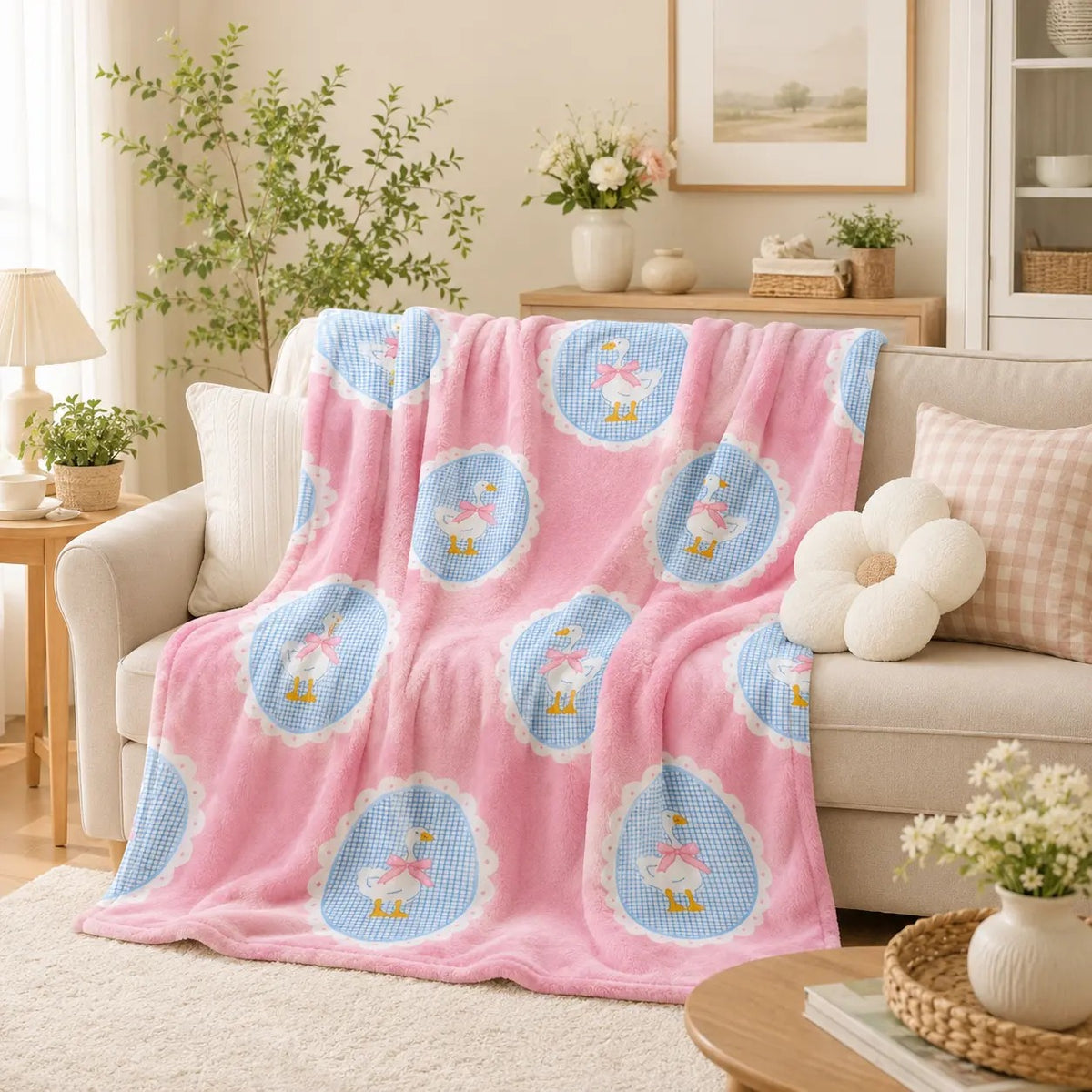 Pink Gingham White Goose Bow Coquette Flannel Blanket