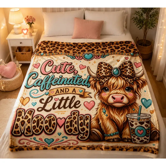 Cute Caffeinated and Moody Highland Cow Flannel Blanket